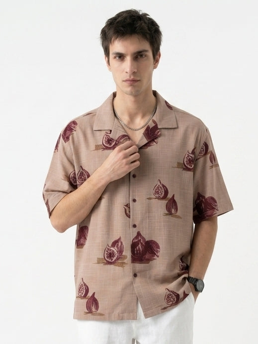 Mauve Conversational Print Cotton Cuban Collar Oversized Shirt For Men