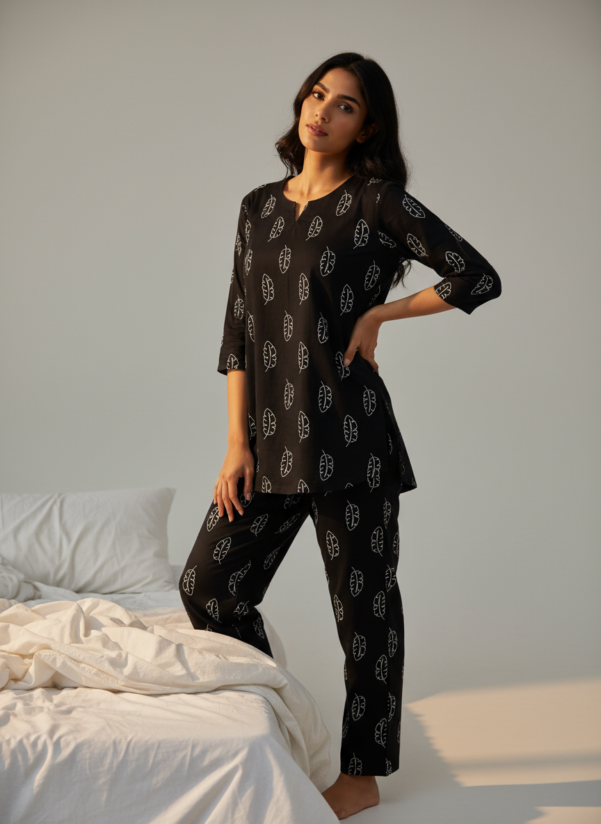 Black Printed Viscose Rayon Round Neck night suit for women