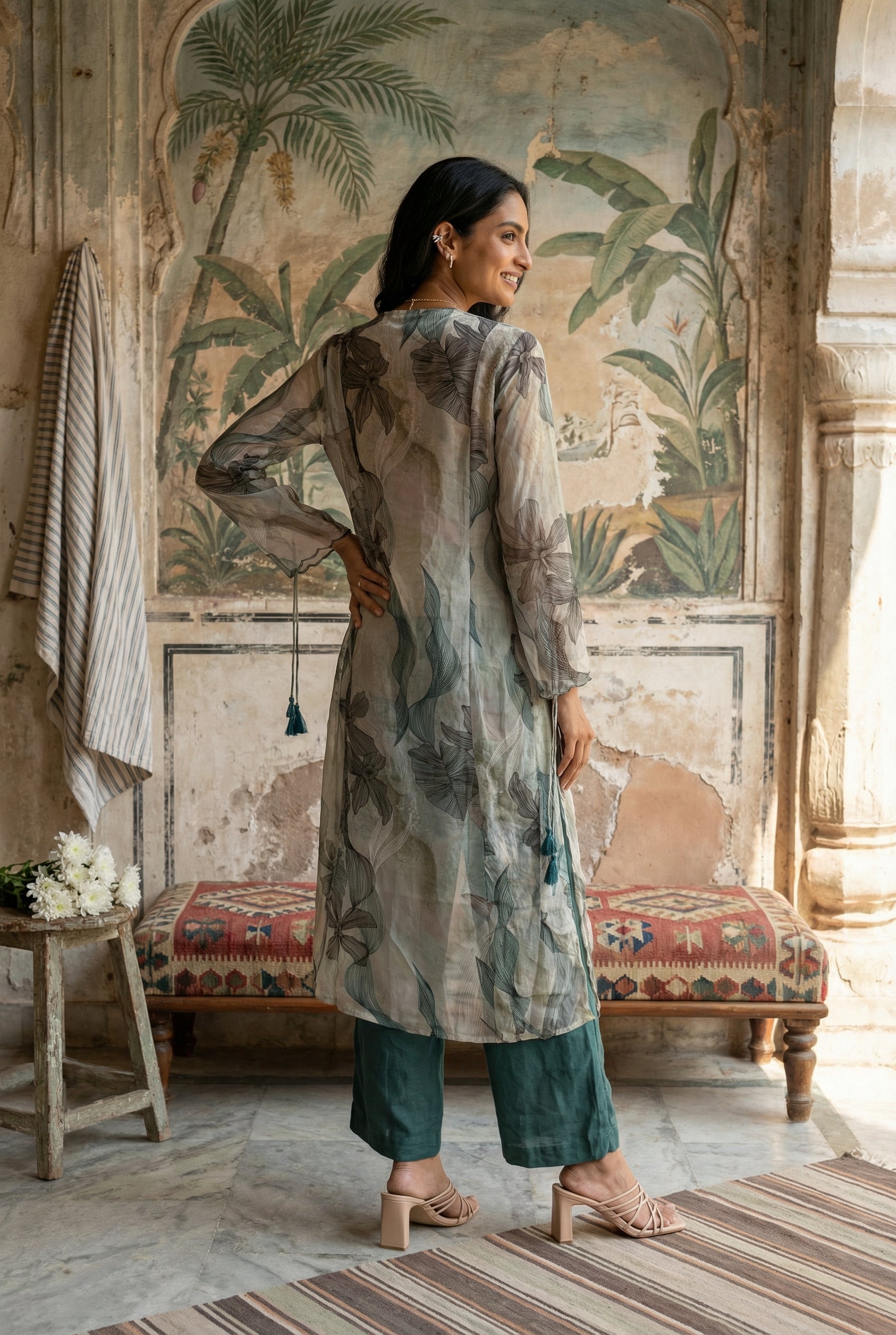 Green Floral Print Round Neck Kurta With Palazzo Set For Women