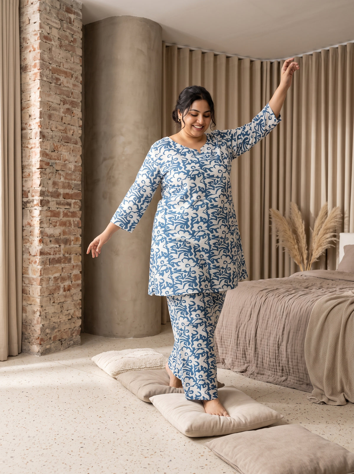 Blue Floral Notch Neck Cotton Plus Size Night Suit For Women