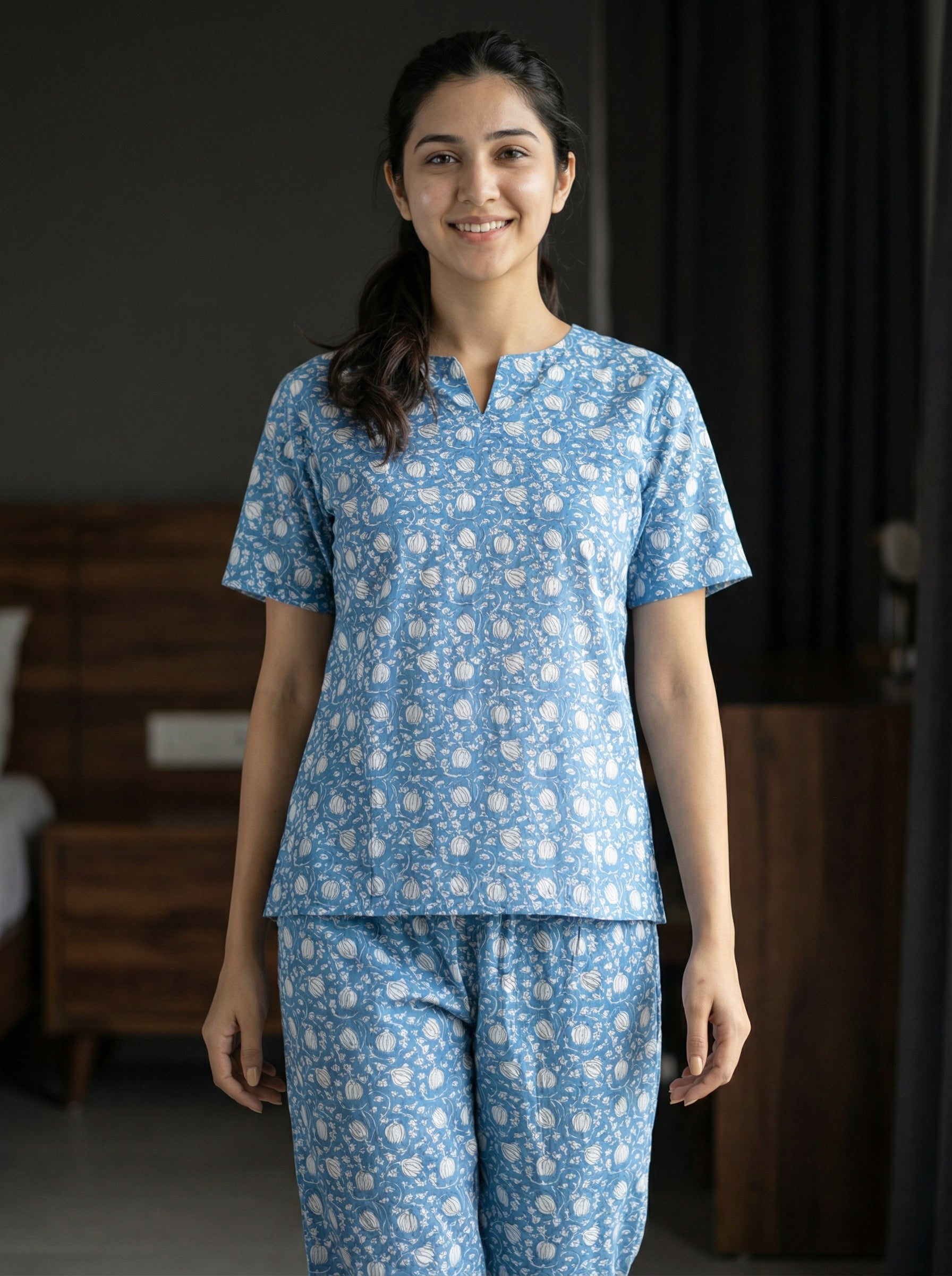 Blue Floral Print Round Neck Cotton Night Suit Set for Women