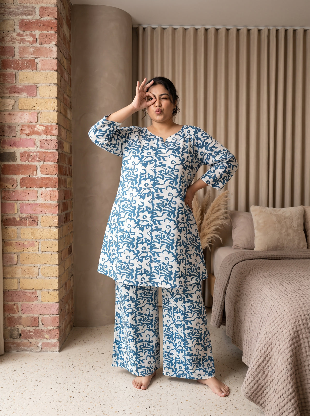 Blue Floral Notch Neck Cotton Plus Size Night Suit For Women