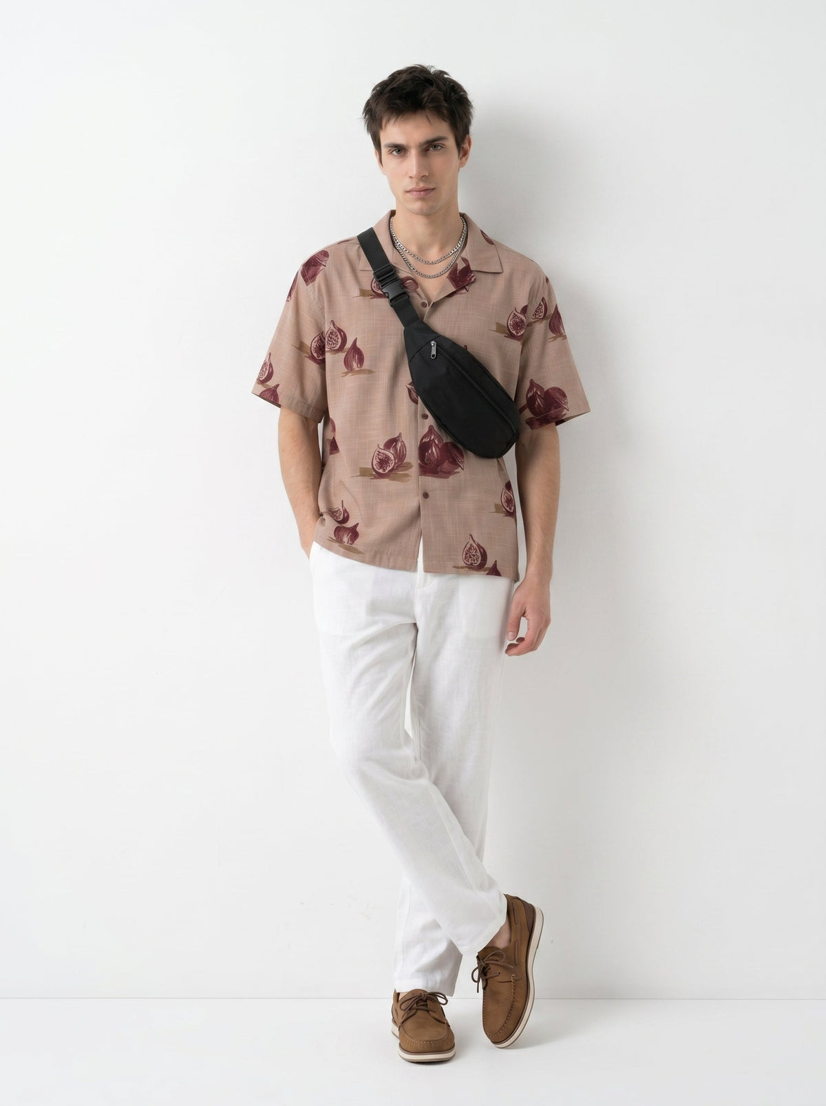 Mauve Conversational Print Cotton Cuban Collar Oversized Shirt For Men