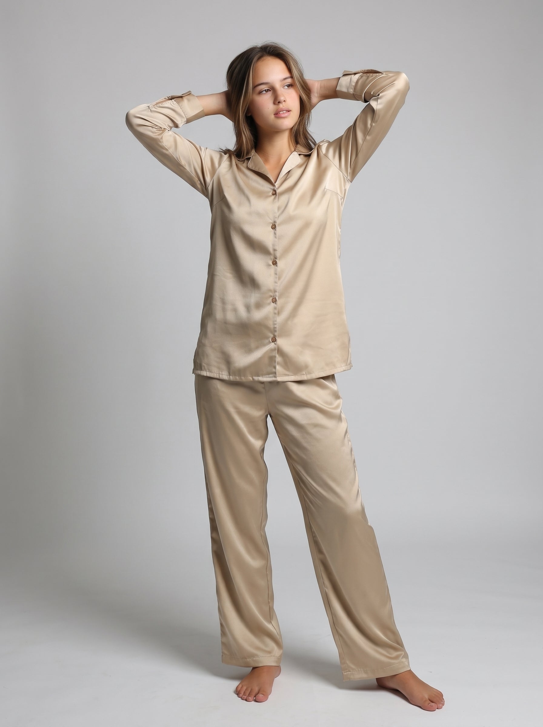 Beige Lapel Collar Solid Print Pure Silk Night Suit For Women