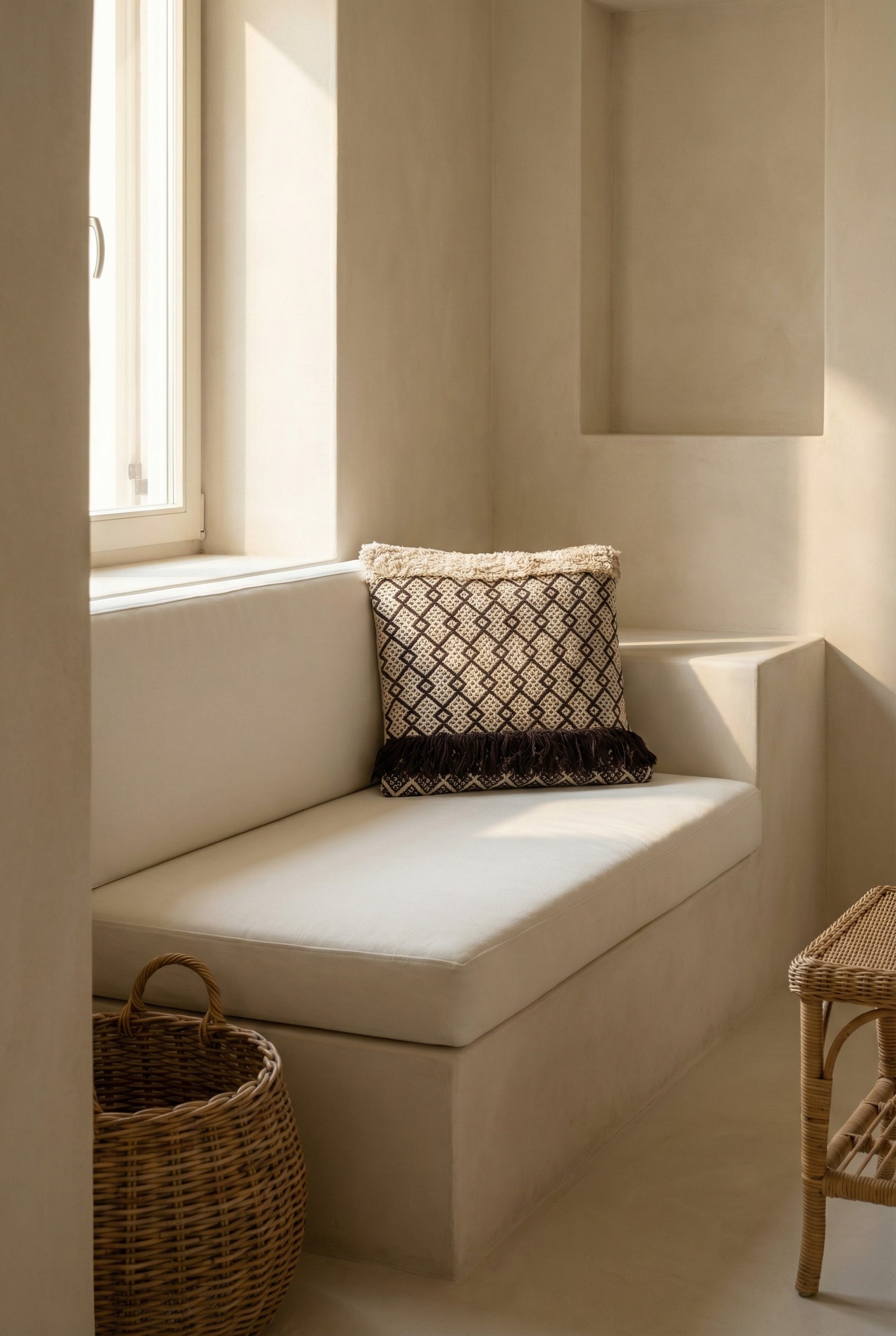 Brown Geometric Squared Cotton Cushion Cover With Tassel Detailing