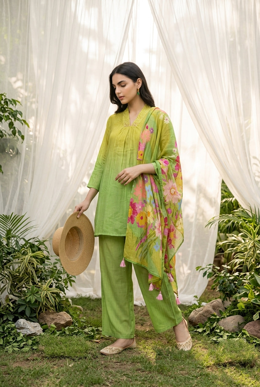 Green V-Neck Solid Print With Floral Dupatta Co-Ord Set For Women