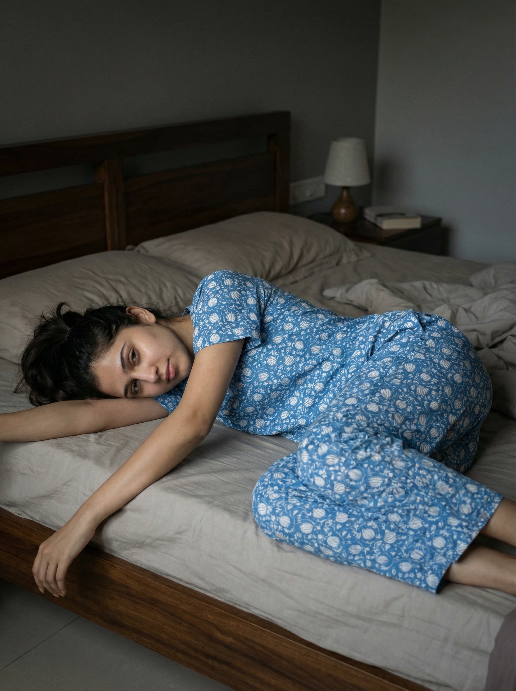 Blue Floral Print Round Neck Cotton Night Suit Set for Women