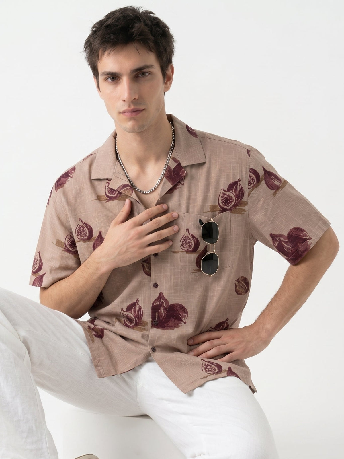 Mauve Conversational Print Cotton Cuban Collar Oversized Shirt For Men
