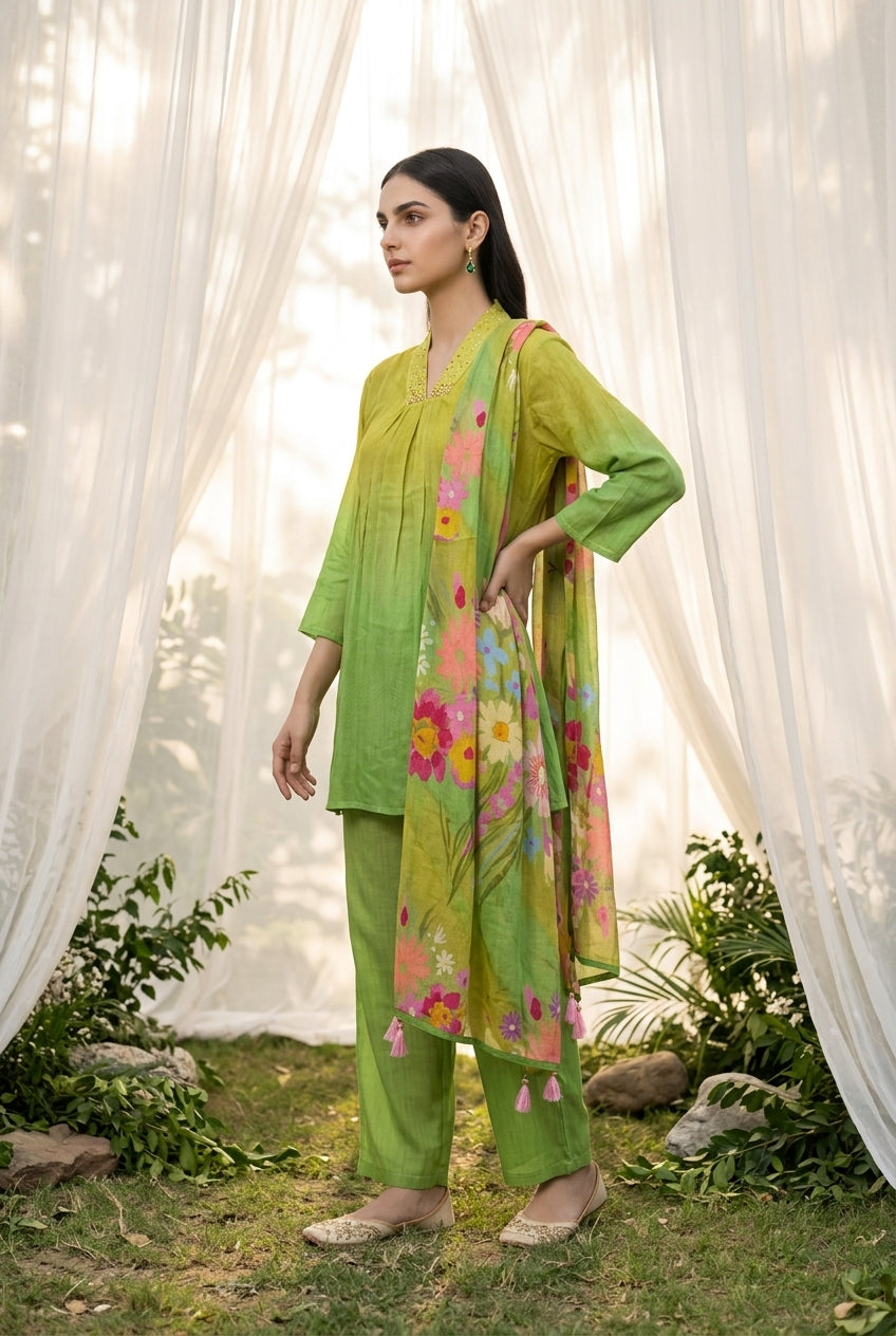 Green V-Neck Solid Print With Floral Dupatta Co-Ord Set For Women
