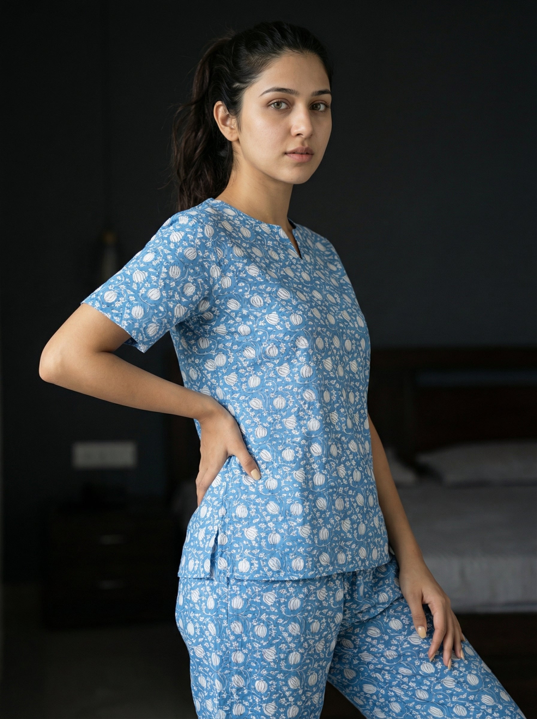Blue Floral Print Round Neck Cotton Night Suit Set for Women