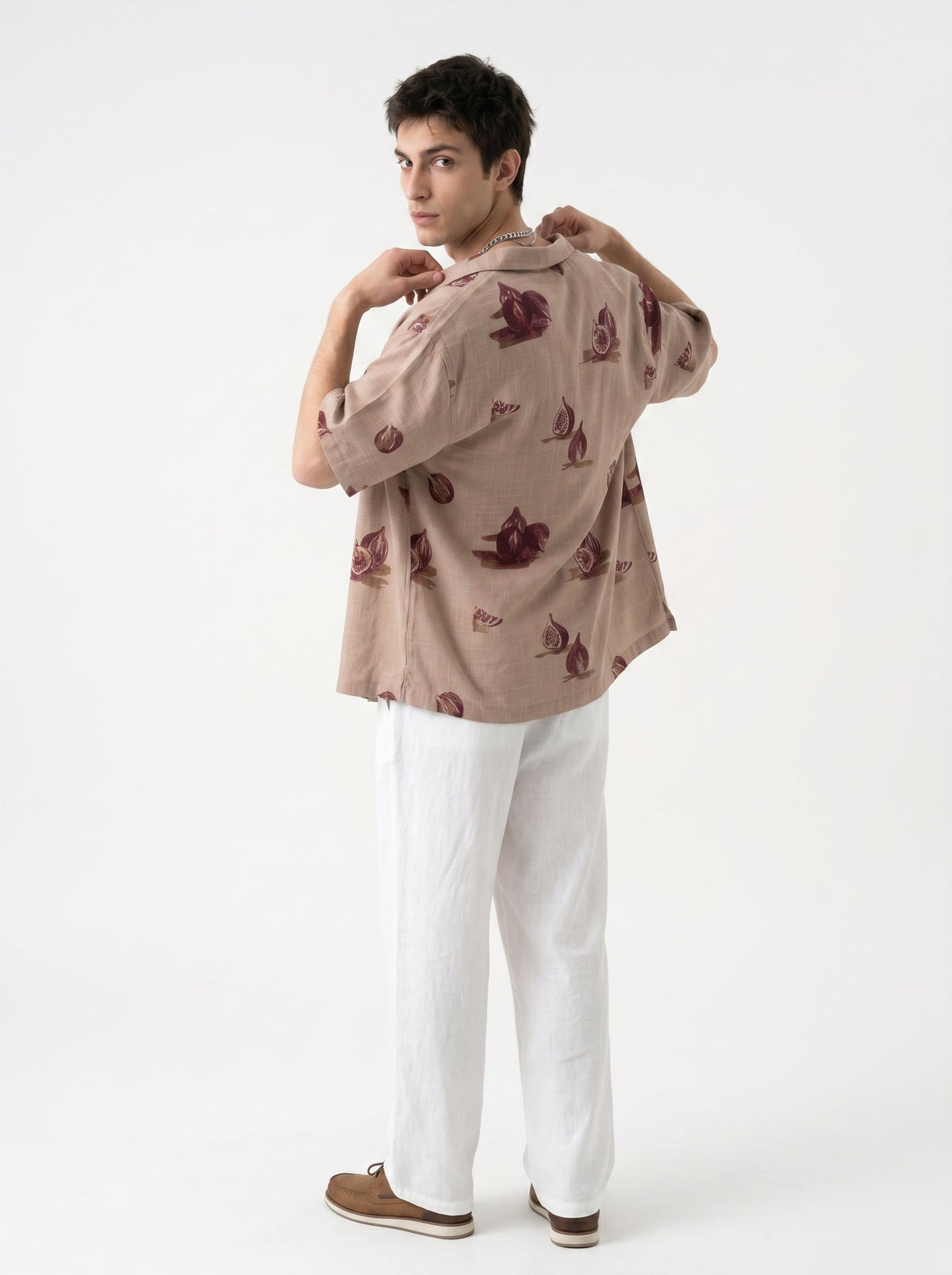 Mauve Conversational Print Cotton Cuban Collar Oversized Shirt For Men