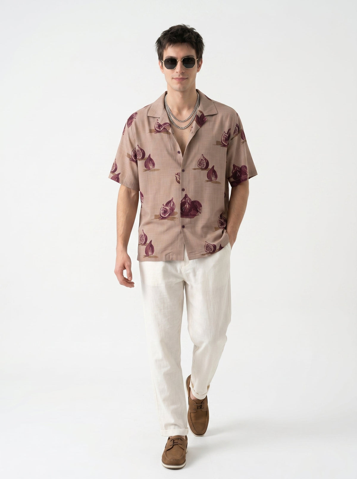 Mauve Conversational Print Cotton Cuban Collar Oversized Shirt For Men