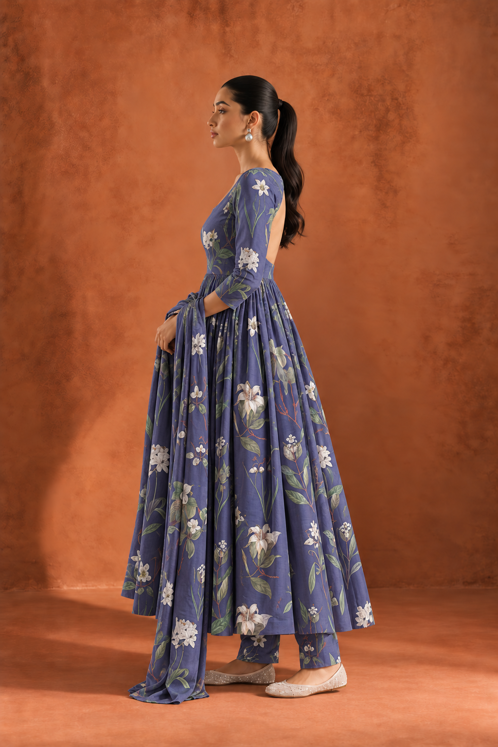 Navy Blue Floral Print Round Neck Anarkali Kurta Set For Women