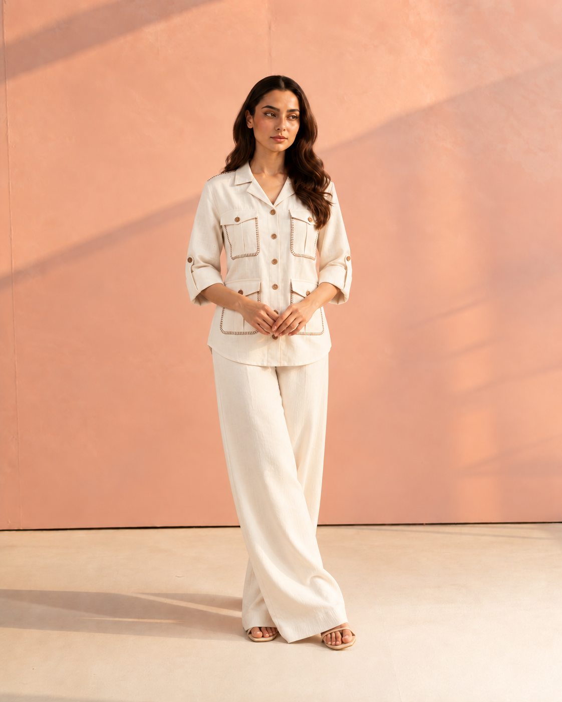 Off White Solid Cuban Collar Roll-Up Curved Hemline Hunter Shirt For Women