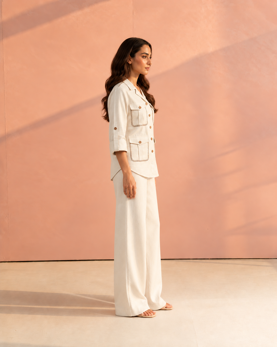 Off White Solid Cuban Collar Roll-Up Curved Hemline Hunter Shirt For Women