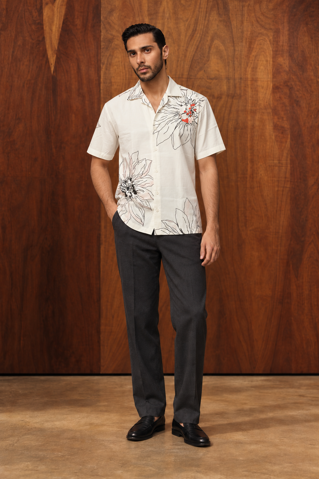 White & Black Floral Line Art Cotton Cuban Collar Short Sleeve Shirt
