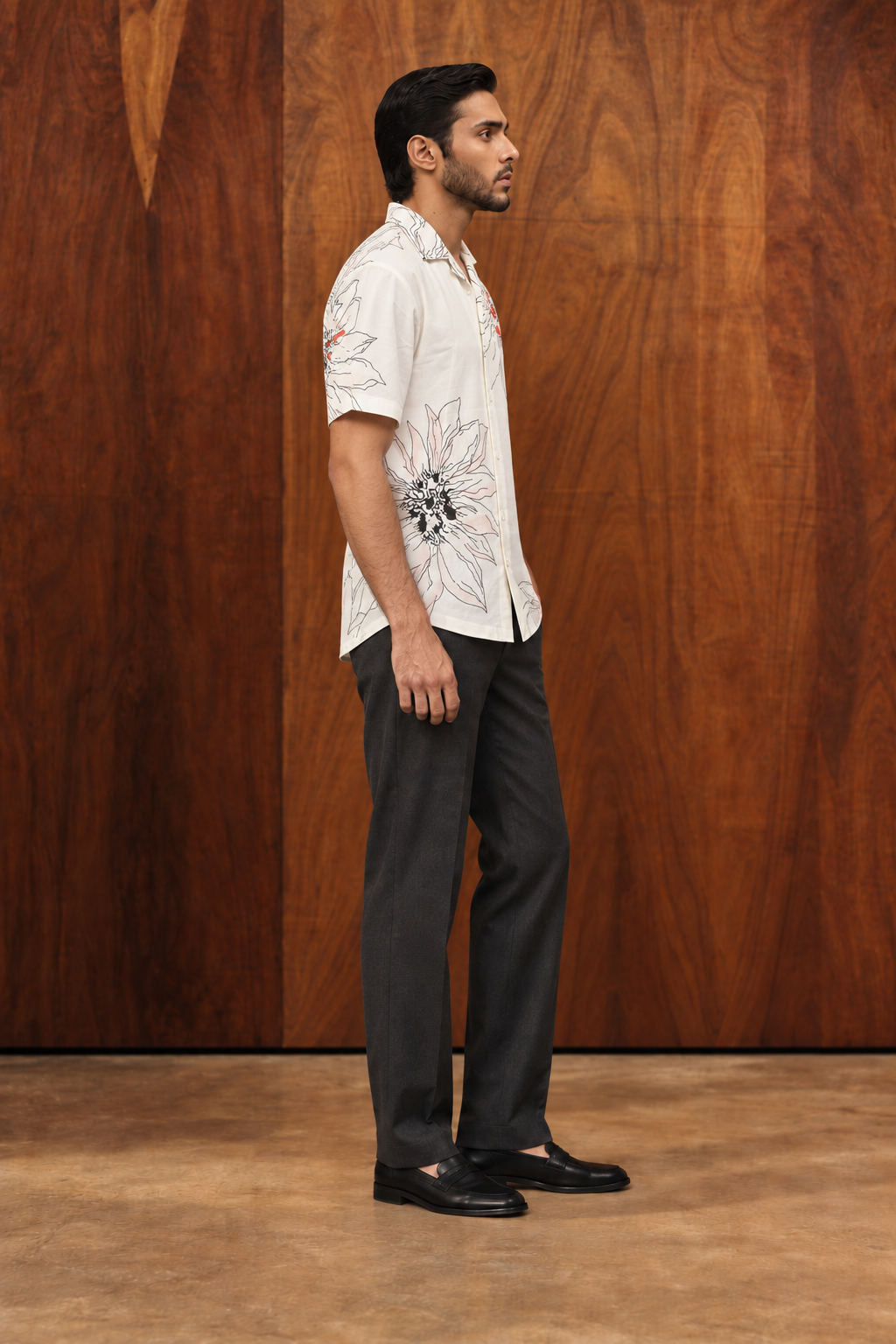 White & Black Floral Line Art Cotton Cuban Collar Short Sleeve Shirt