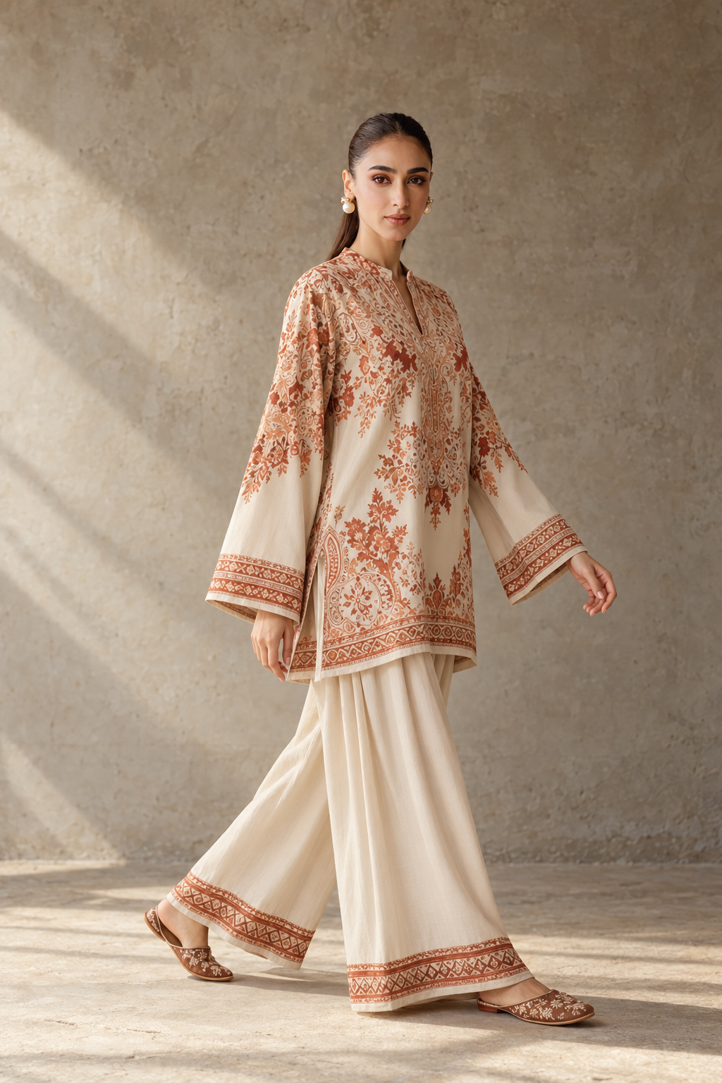 Peach Imperial Mandarin Neck Paisley Printed Tunic & Farshi Salwar Co-Ord Set