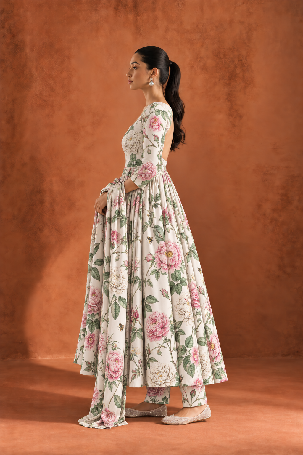 White Round Neck Floral Print Anarkali Kurta With Palazzos & Dupatta Set