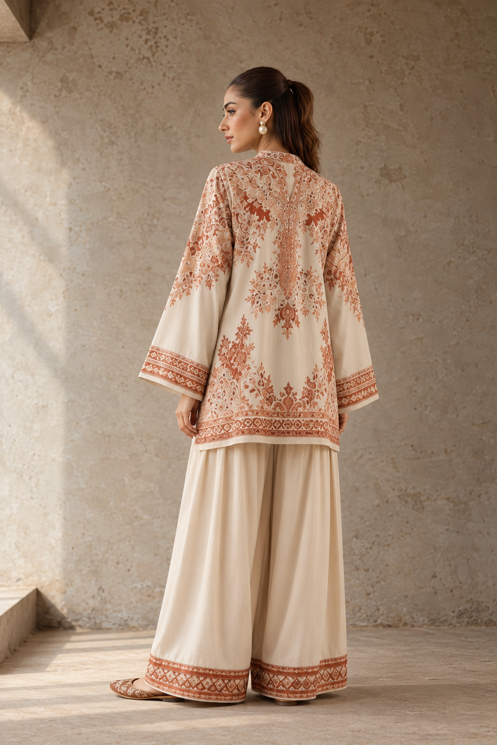 Peach Imperial Mandarin Neck Paisley Printed Tunic & Farshi Salwar Co-Ord Set