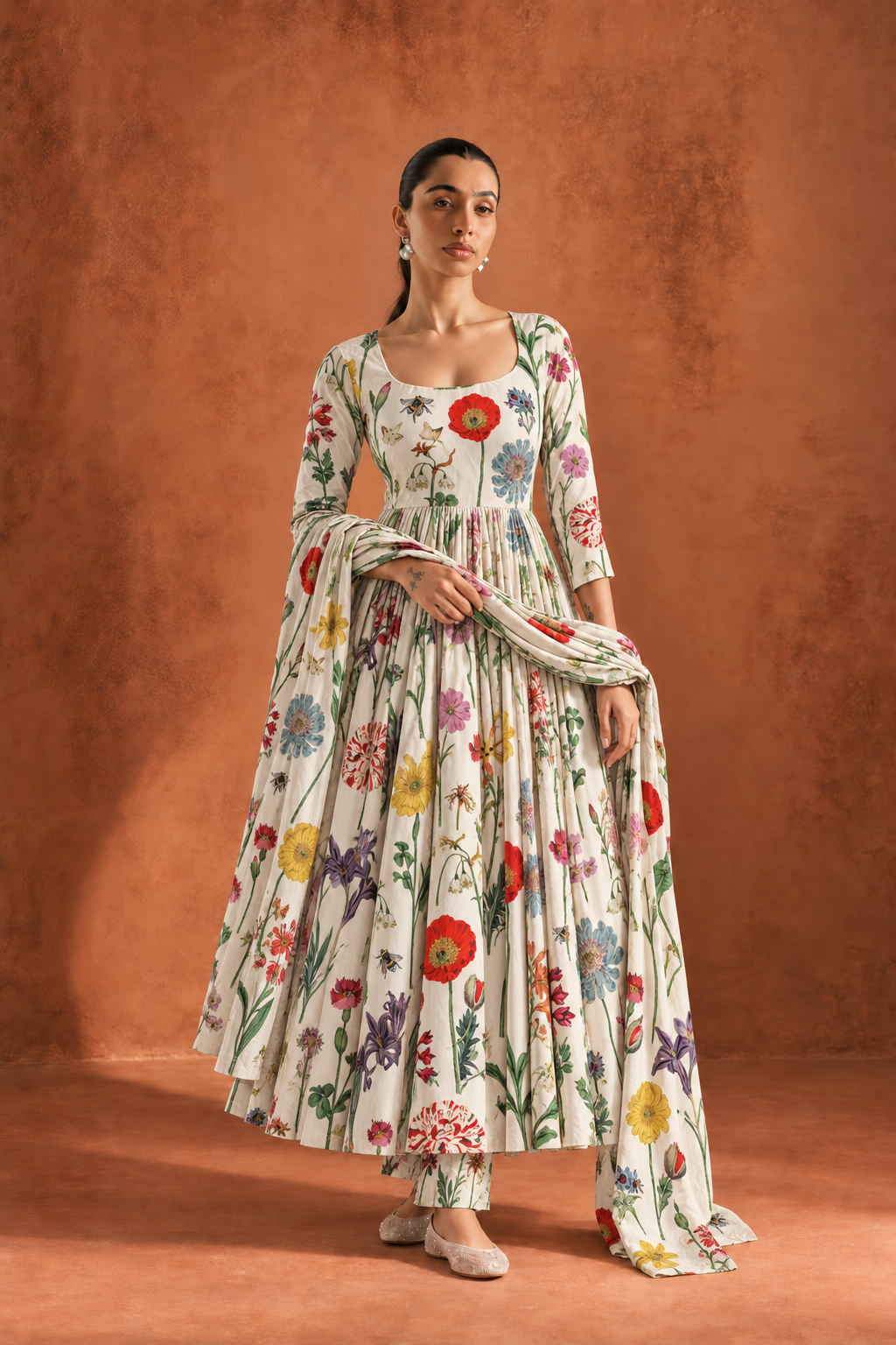 White Floral Round Neck Anarkali Kurta Set With Dupatta For Women