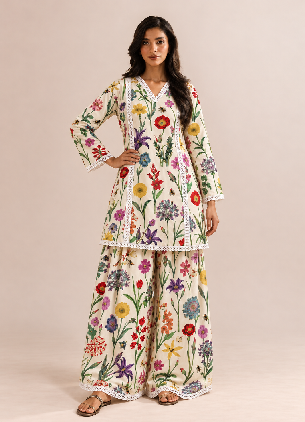 Ivory White Wildflower Meadow V-Neck  Farshi Style Tunic & Palazzo Co-Ord Set For Women