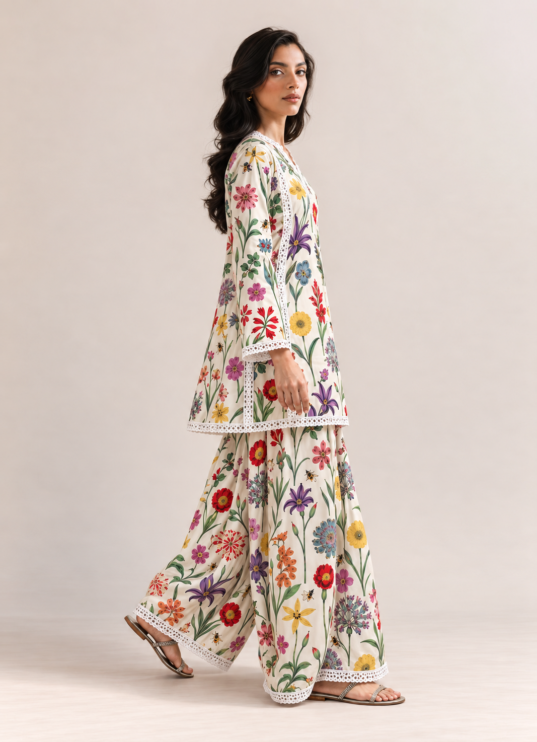 Ivory White Wildflower Meadow V-Neck  Farshi Style Tunic & Palazzo Co-Ord Set For Women