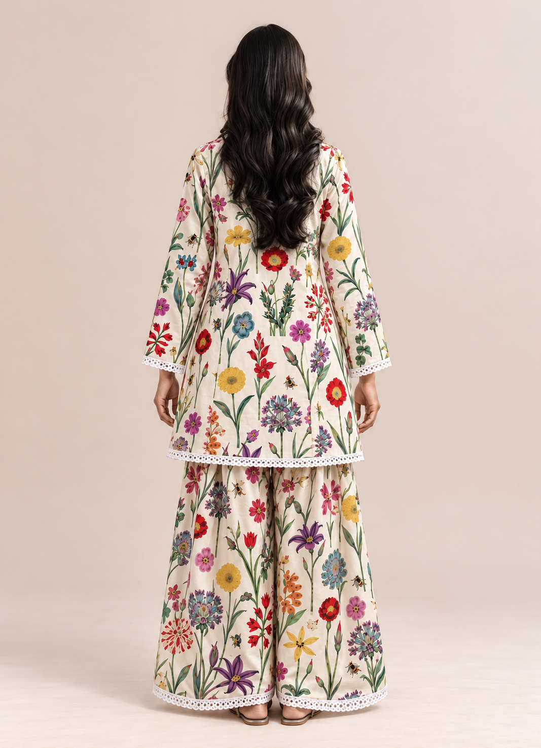 Ivory White Wildflower Meadow V-Neck  Farshi Style Tunic & Palazzo Co-Ord Set For Women