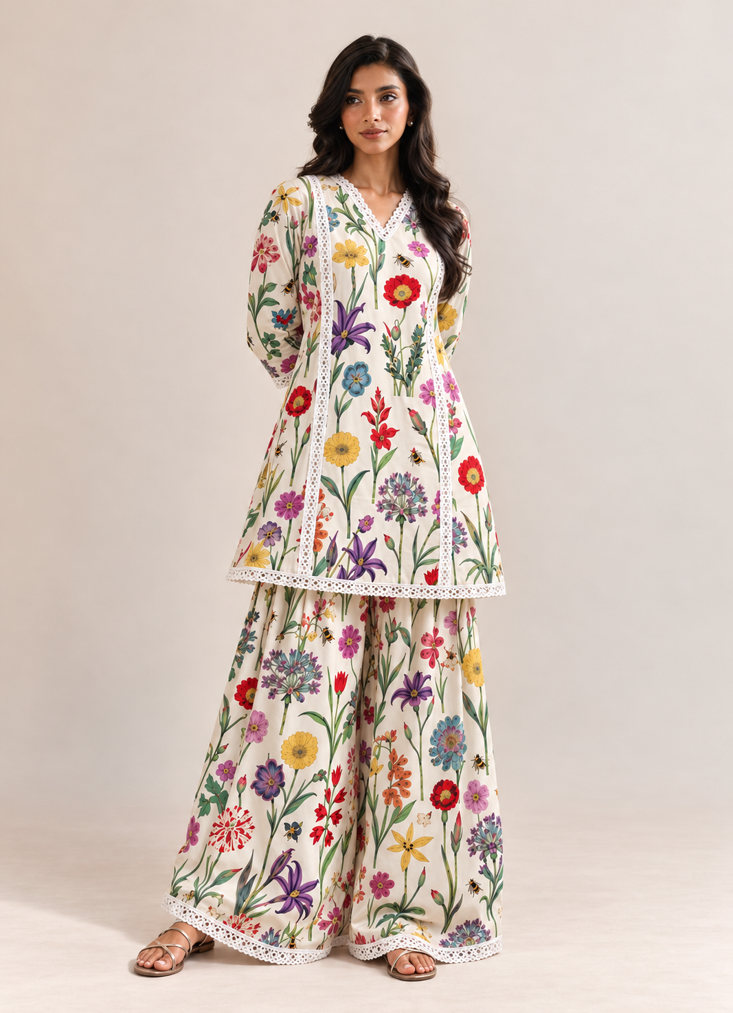 Ivory White Wildflower Meadow V-Neck  Farshi Style Tunic & Palazzo Co-Ord Set For Women
