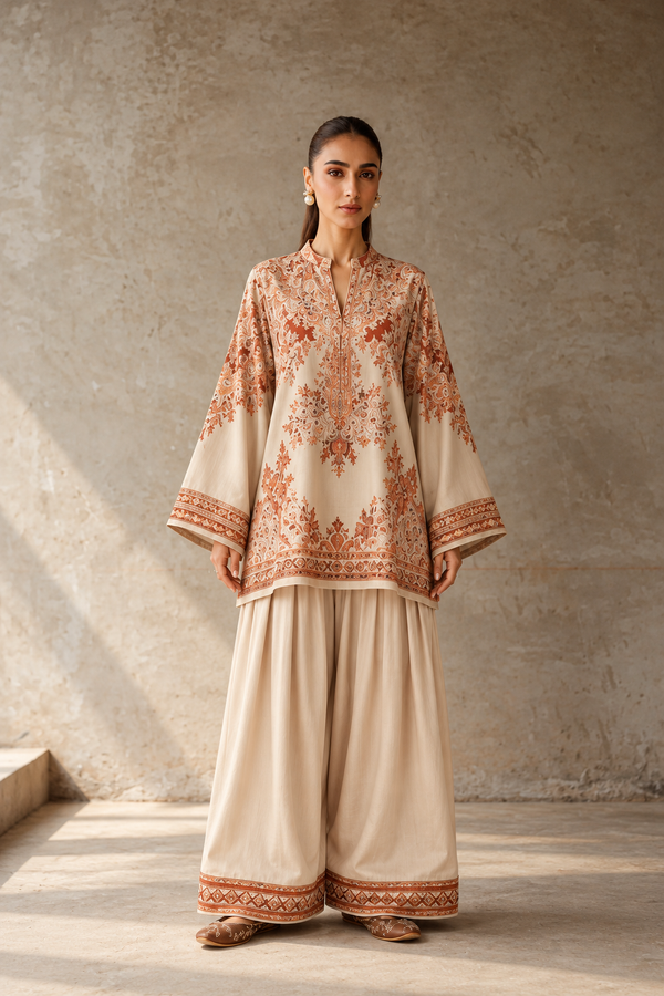 Buy Peach Imperial Mandarin Neck Paisley Printed Tunic & Farshi Salwar ...