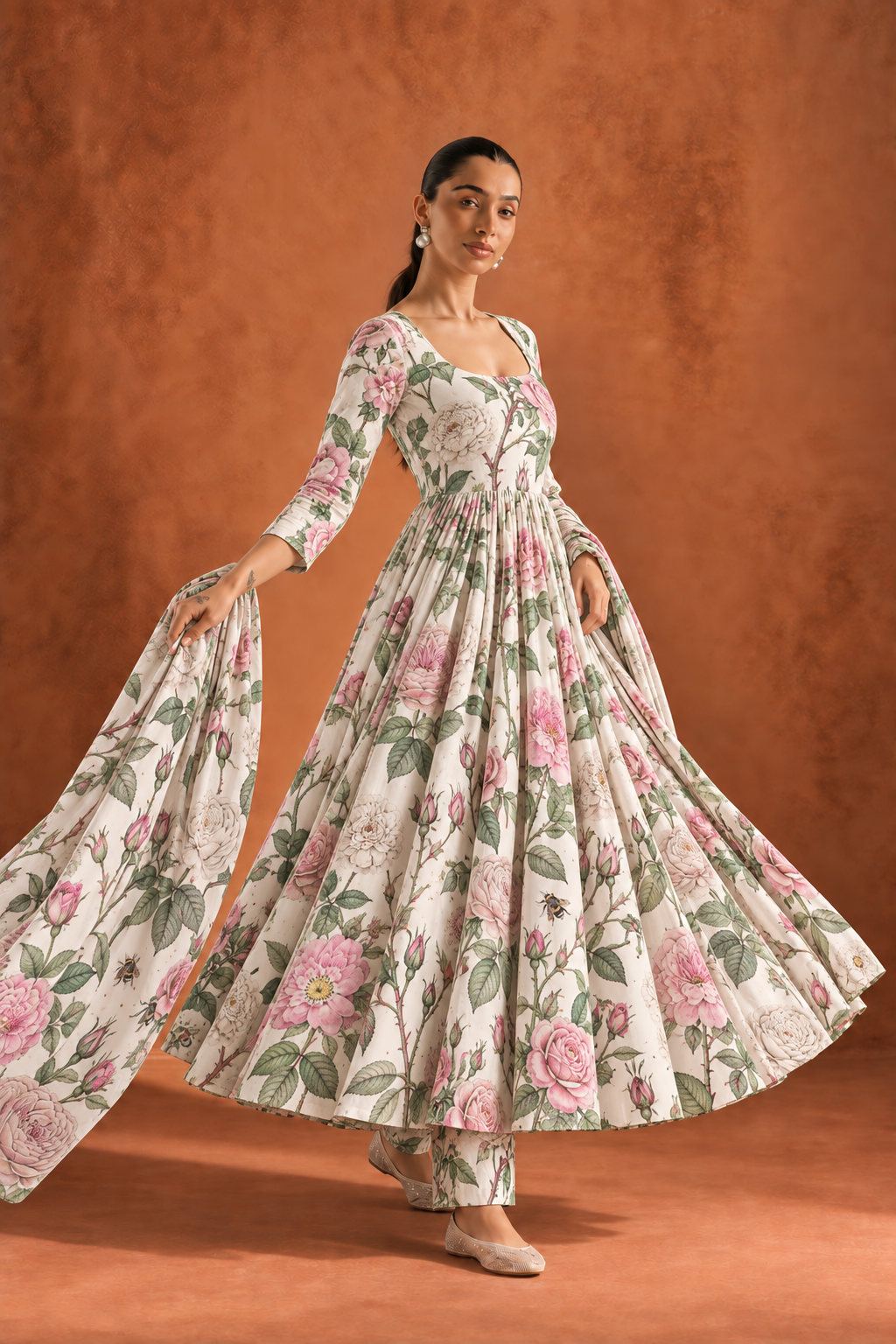 White Round Neck Floral Print Anarkali Kurta With Palazzos & Dupatta Set