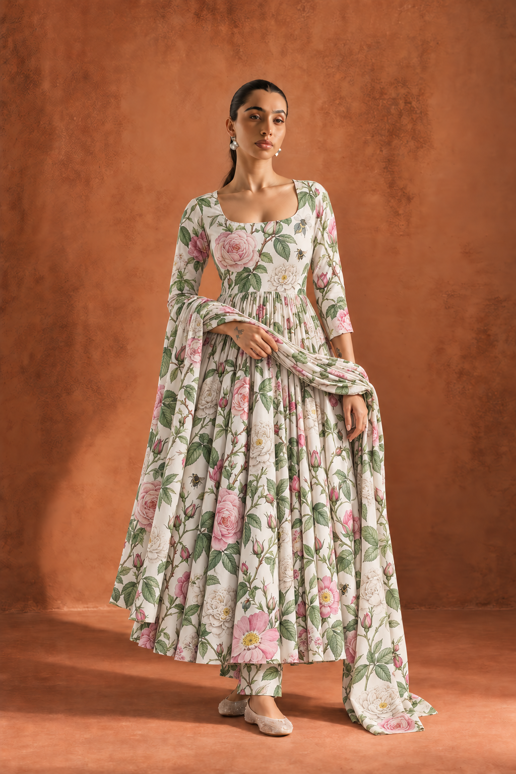 White Round Neck Floral Print Anarkali Kurta With Palazzos & Dupatta Set