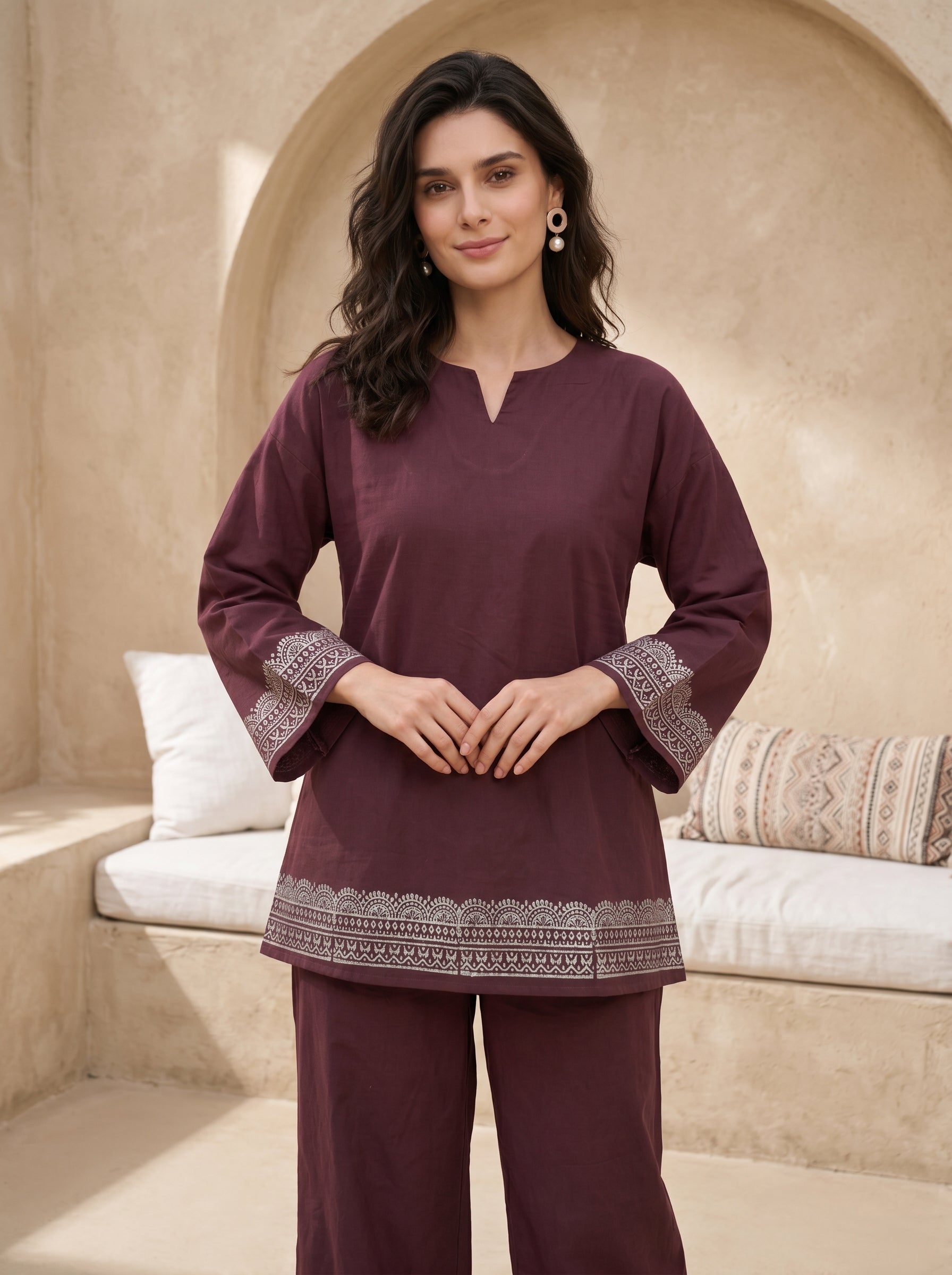 Maroon Floral Print V-Neck Pure cotton Night Suit For Women