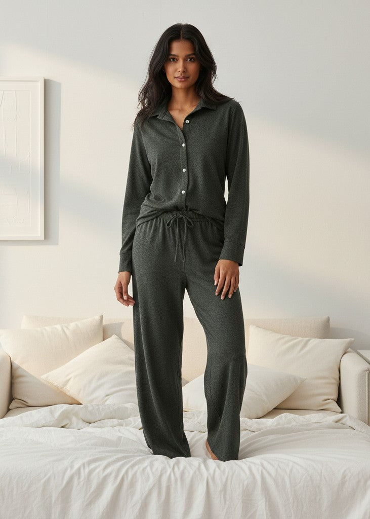 Green Solid Pure Cotton Shirt winter Collar Night Suit for Women