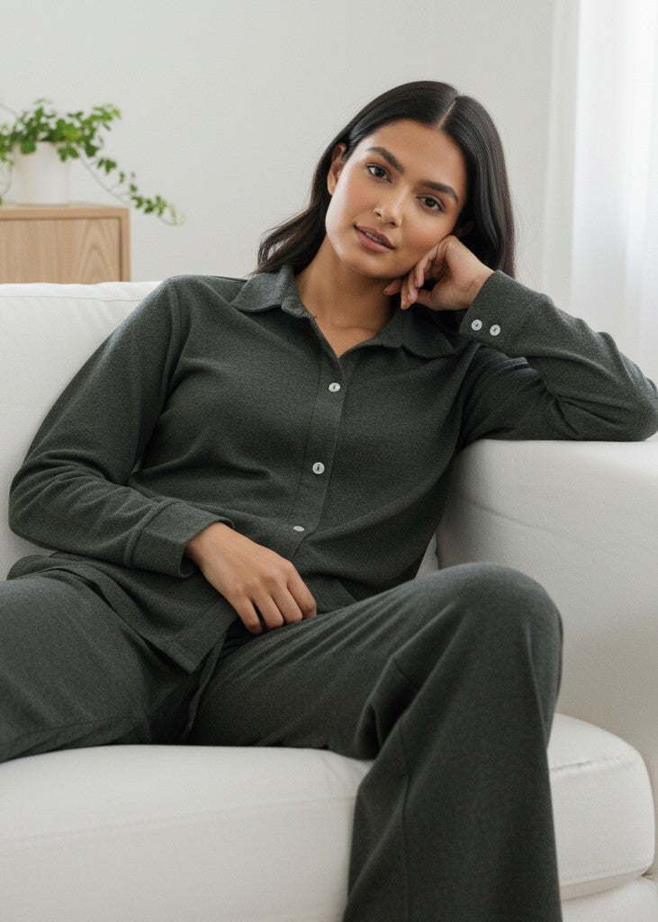 Green Solid Pure Cotton Shirt winter Collar Night Suit for Women