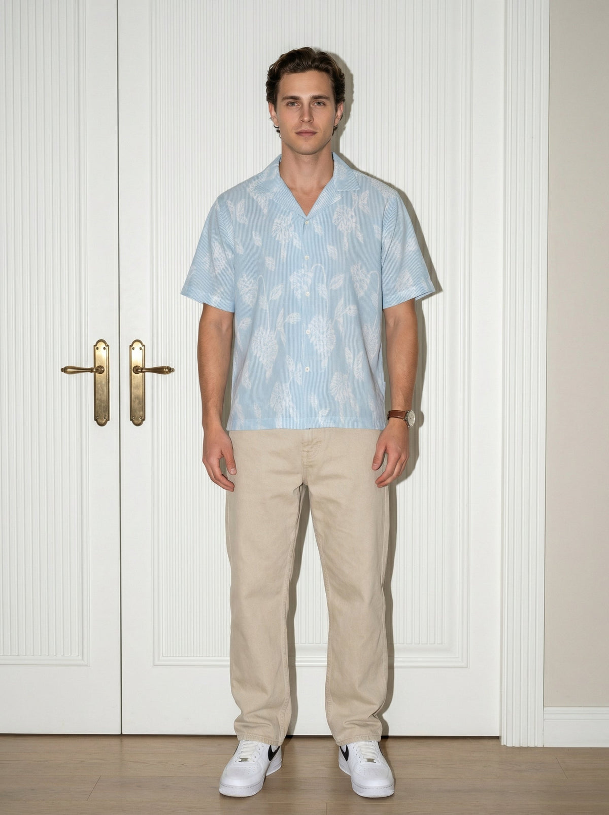 Blue Floral Striped Cuban Collar Half Sleeve Handloom Cotton Oversized Shirt For Men