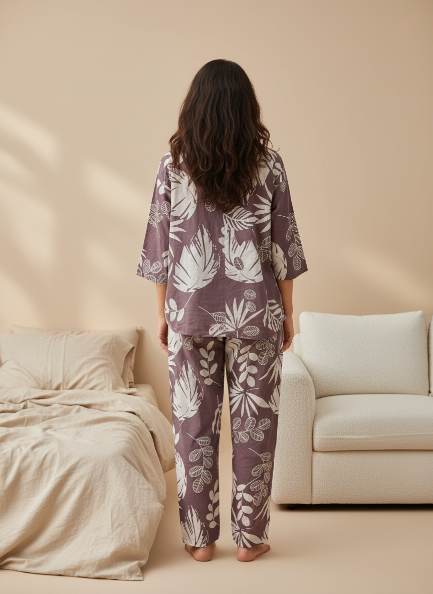 Purple Printed Round Neck Cotton Night Suit Set for Women