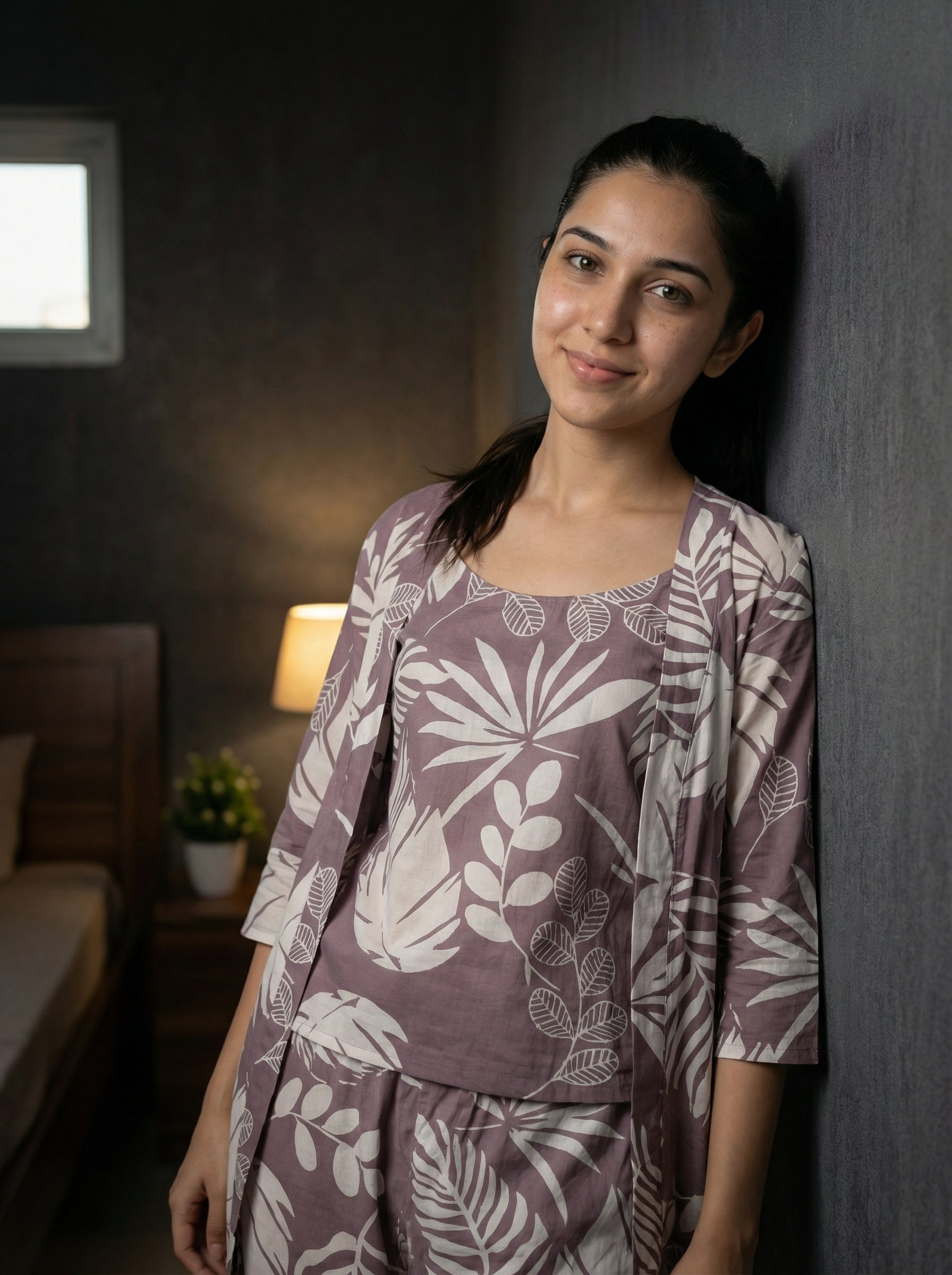 Lilac Leaf Print Round Neck Pure Cotton Three Piece Night Suit Set For Women