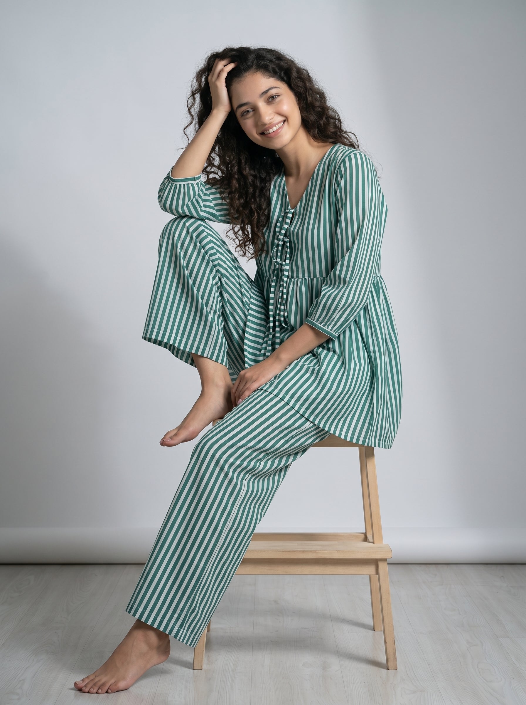 Green V-Neck Stripe Print Pure Cotton Night Suit For Women