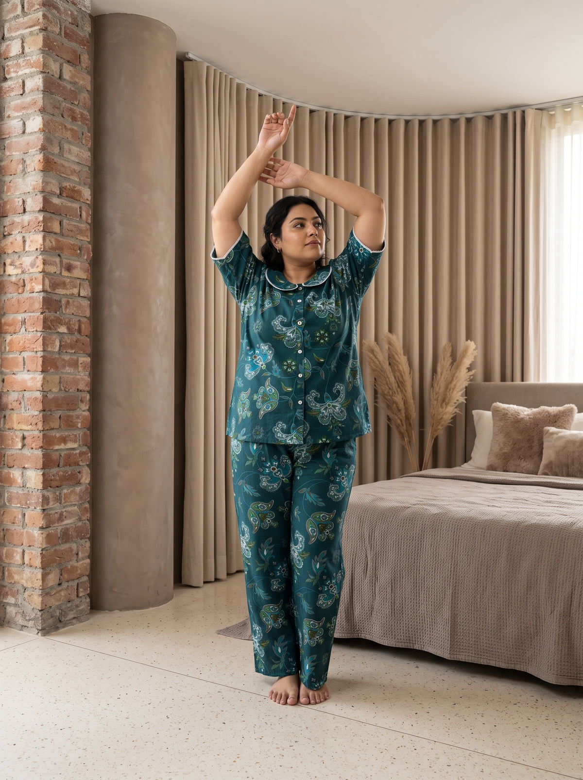Teal Paisley Peter Pan Collar Cotton Plus Size Night Suit For Women