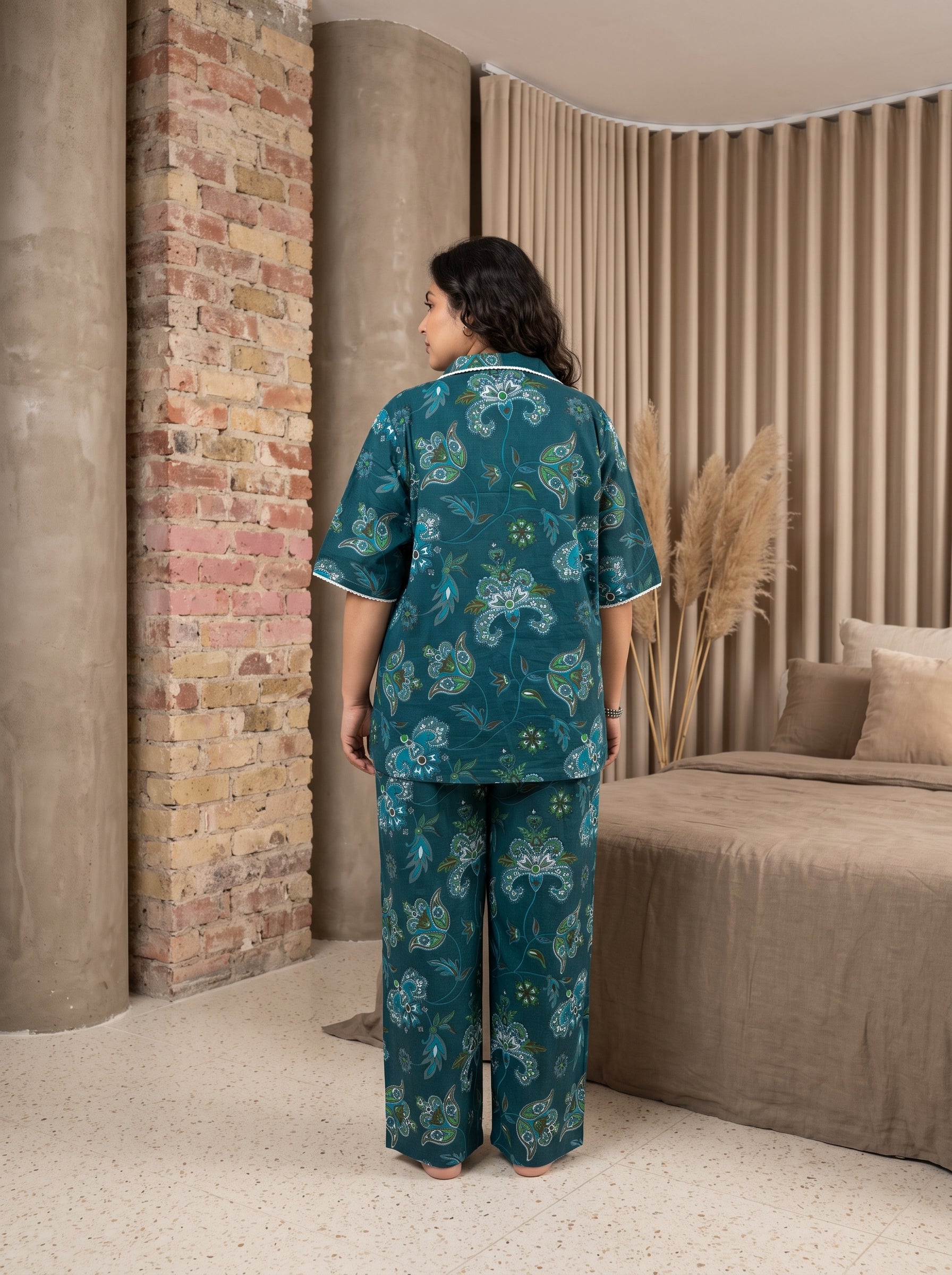 Teal Paisley Peter Pan Collar Cotton Plus Size Night Suit For Women