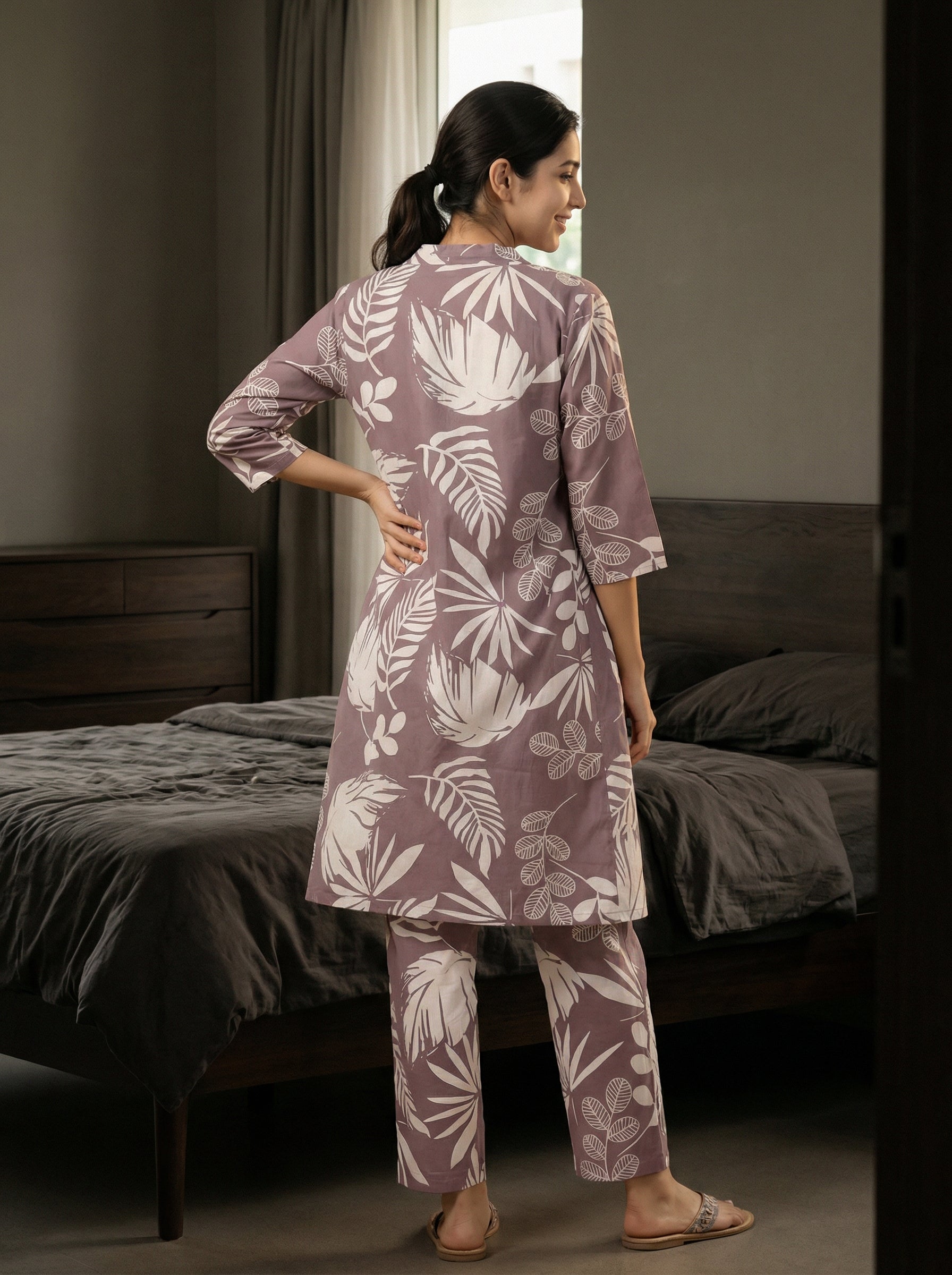 Lilac Leaf Print Round Neck Pure Cotton Three Piece Night Suit Set For Women