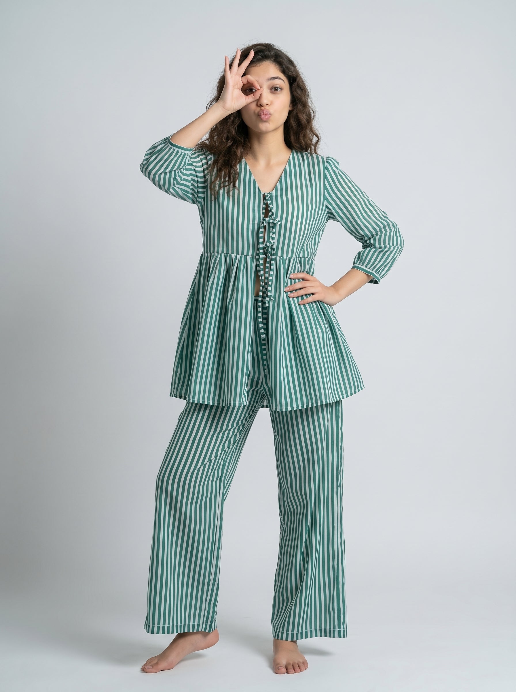 Green V-Neck Stripe Print Pure Cotton Night Suit For Women