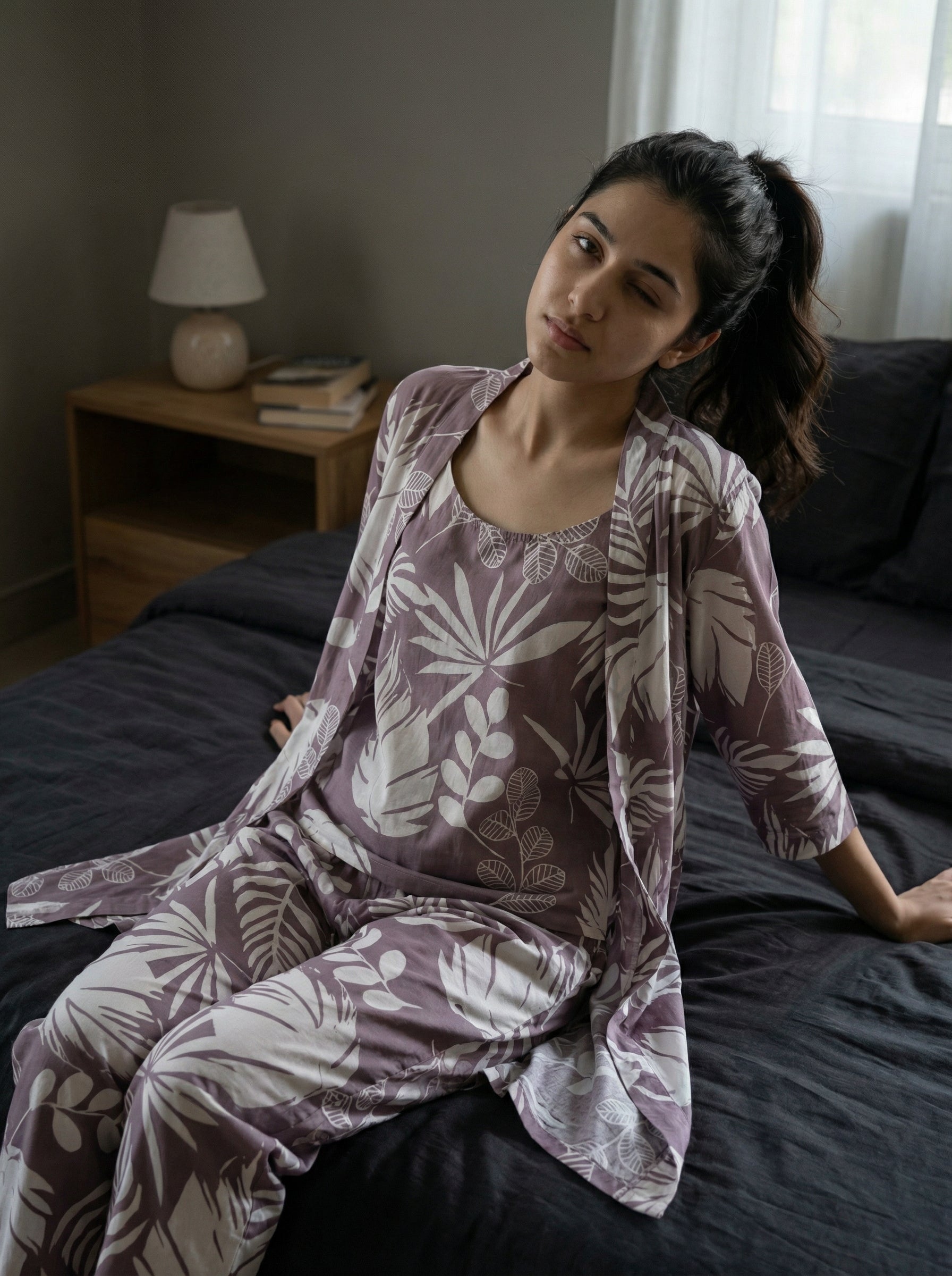 Lilac Leaf Print Round Neck Pure Cotton Three Piece Night Suit Set For Women