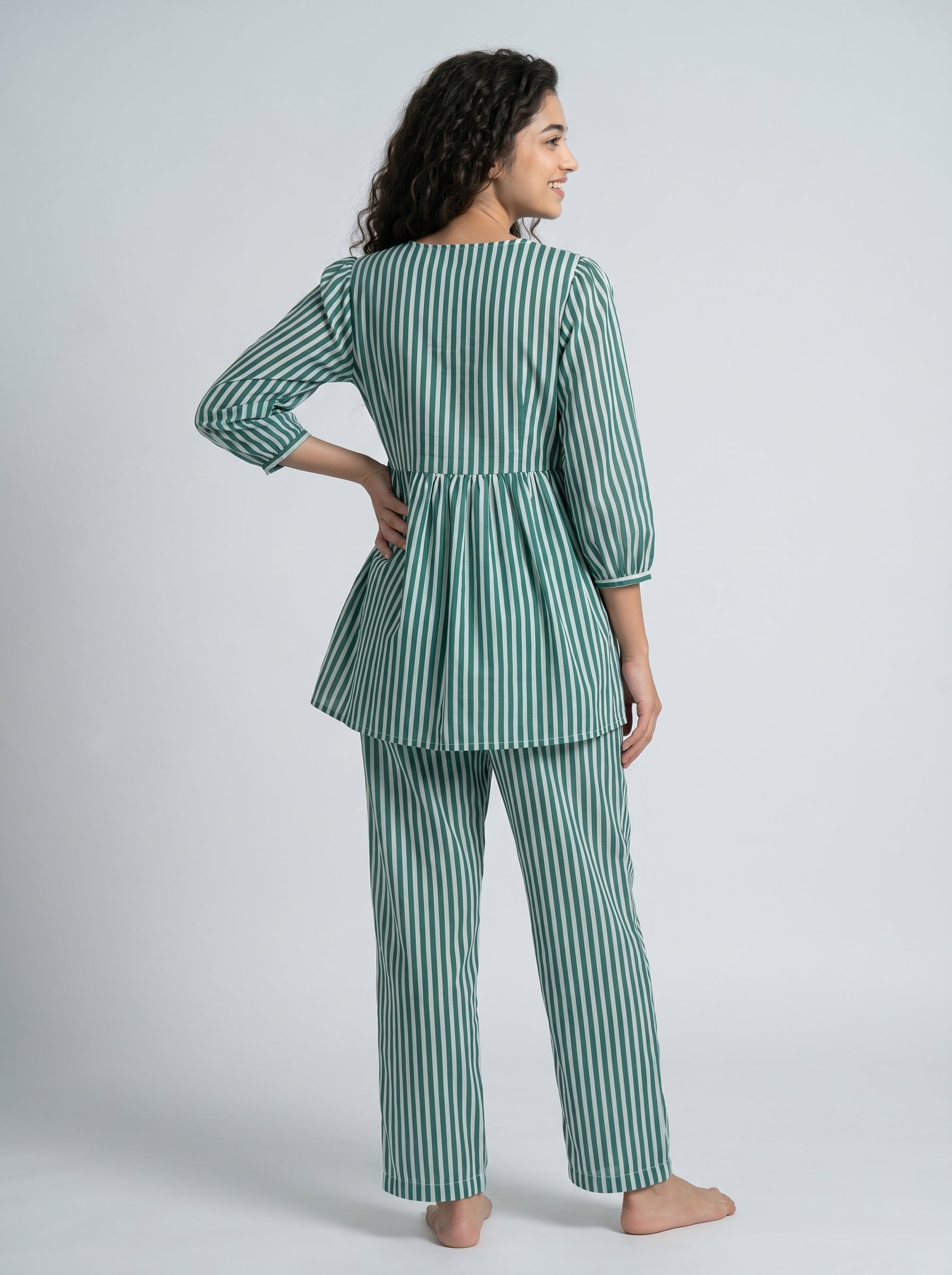 Green V-Neck Stripe Print Pure Cotton Night Suit For Women