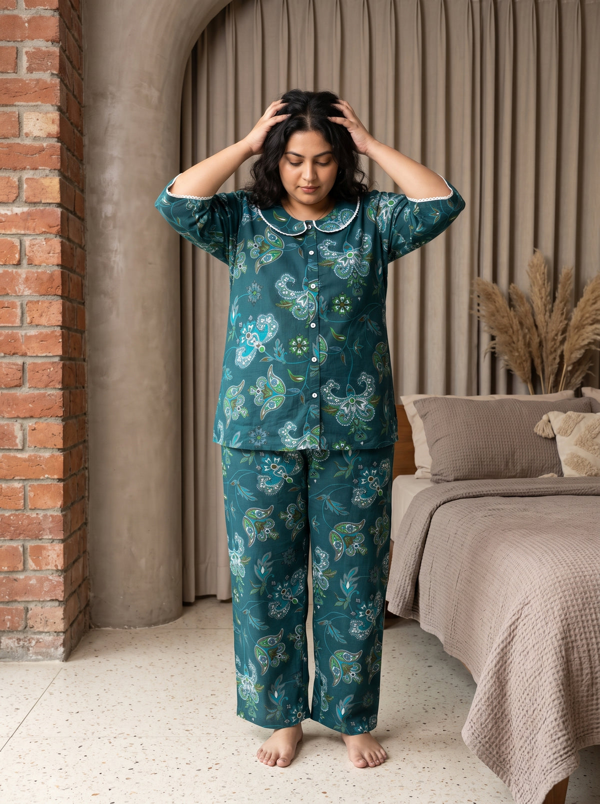 Teal Paisley Peter Pan Collar Cotton Plus Size Night Suit For Women