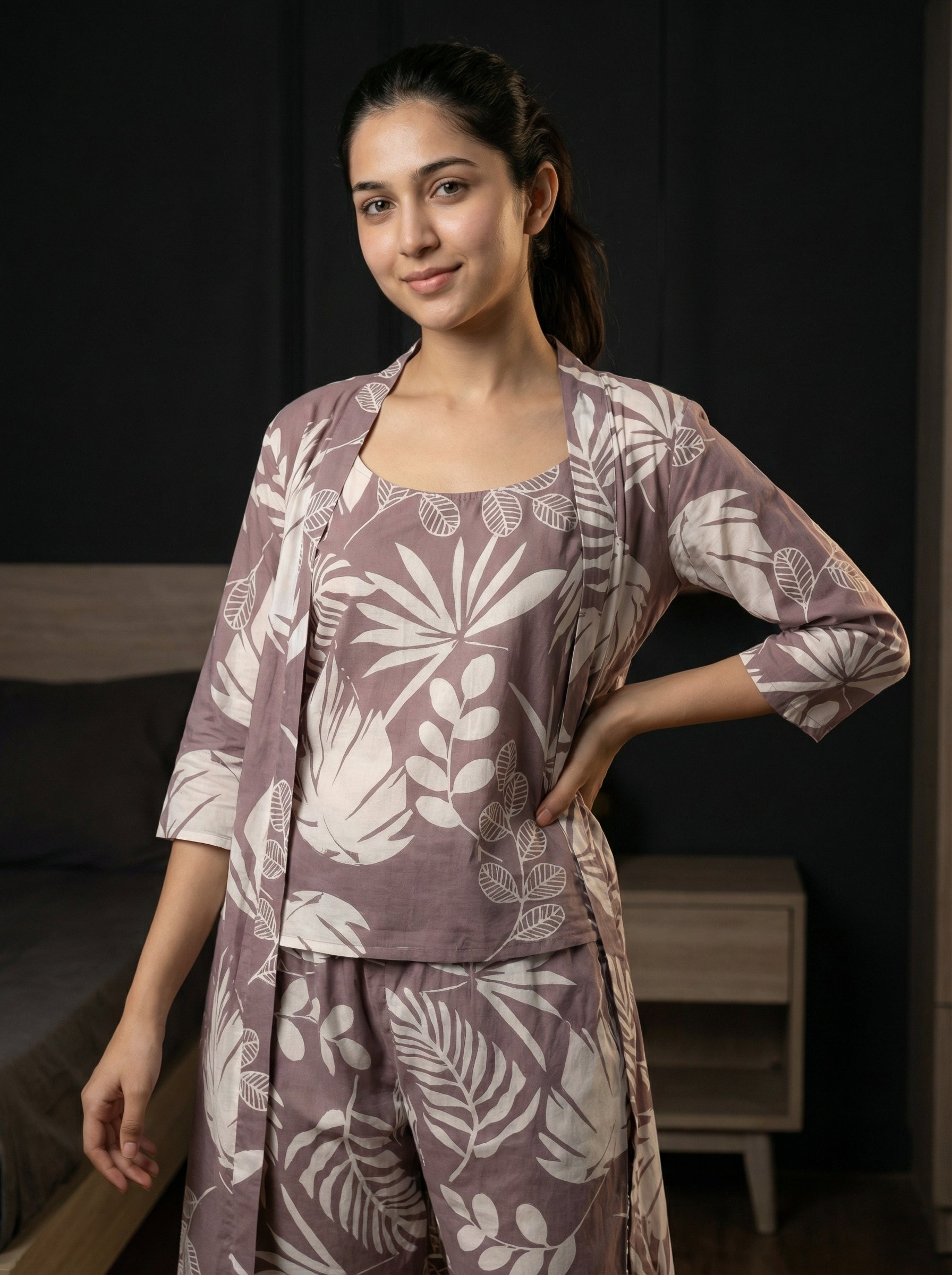 Lilac Leaf Print Round Neck Pure Cotton Three Piece Night Suit Set For Women