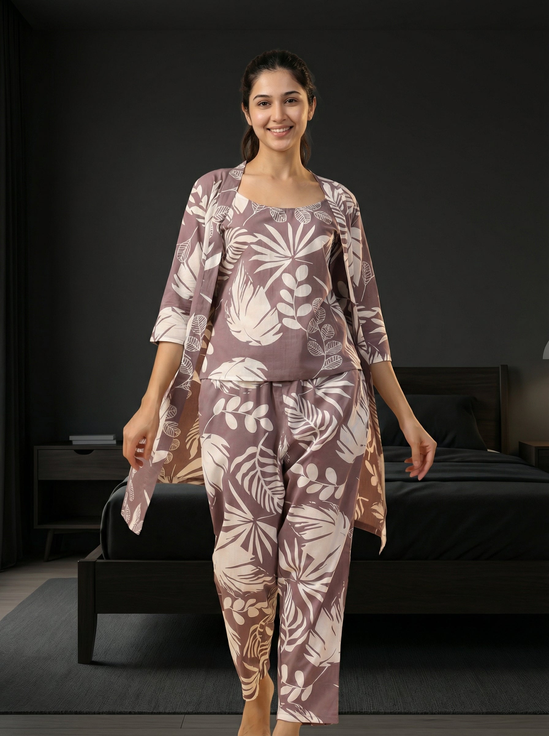 Lilac Leaf Print Round Neck Pure Cotton Three Piece Night Suit Set For Women