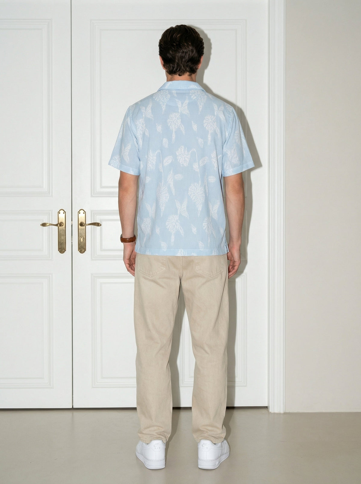 Blue Floral Striped Cuban Collar Half Sleeve Handloom Cotton Oversized Shirt For Men