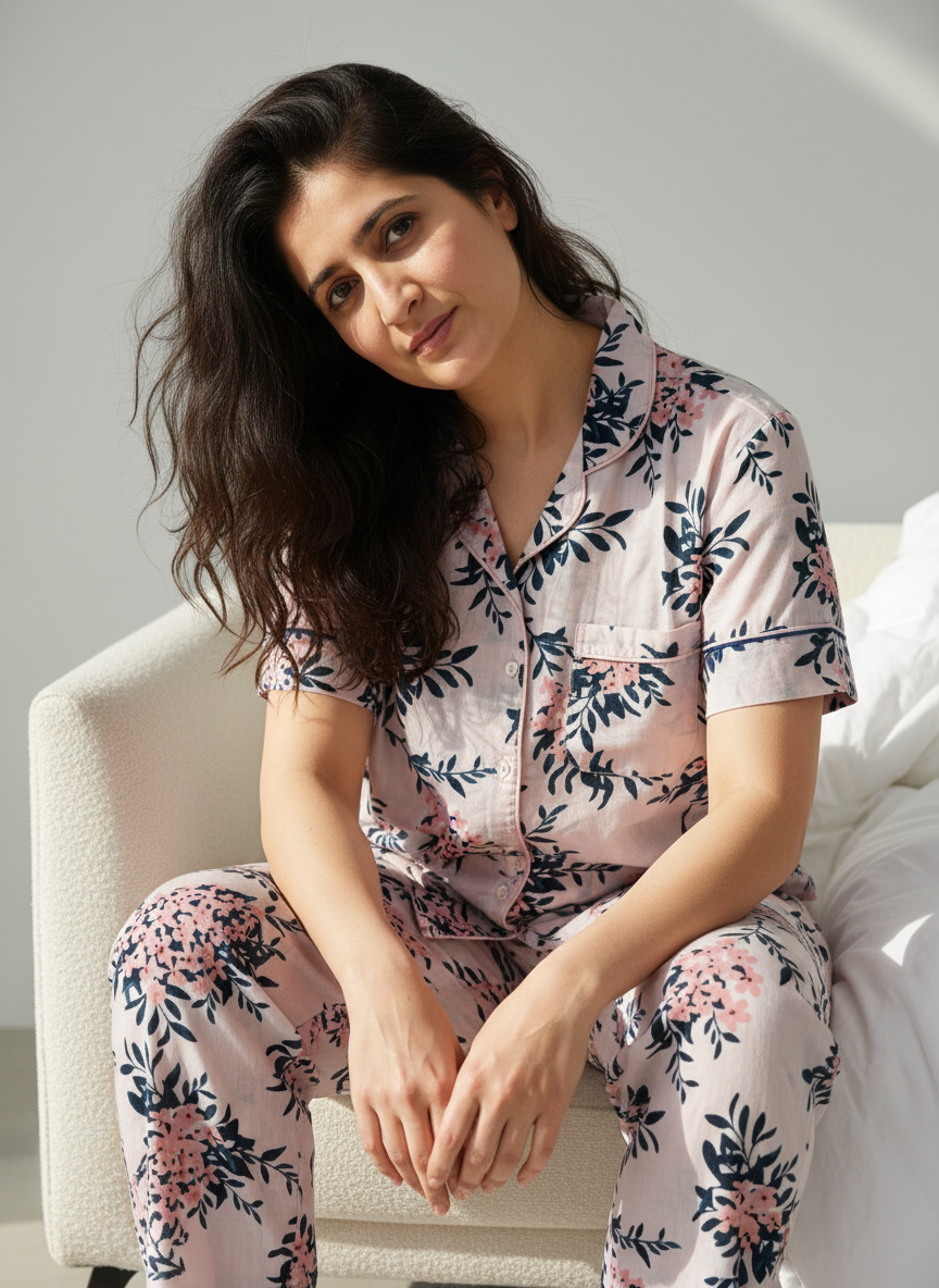 Pink Cotton Printed Night Suit Set with Pajama for Women